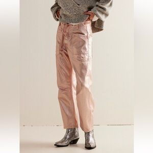 Free People Moxie Metallic Low-Slung Barrel Jeans Rope Tie Bubblegum Rose 25 NEW